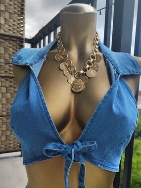 SHEIN Blue Denim Tie-Front Crop Top
